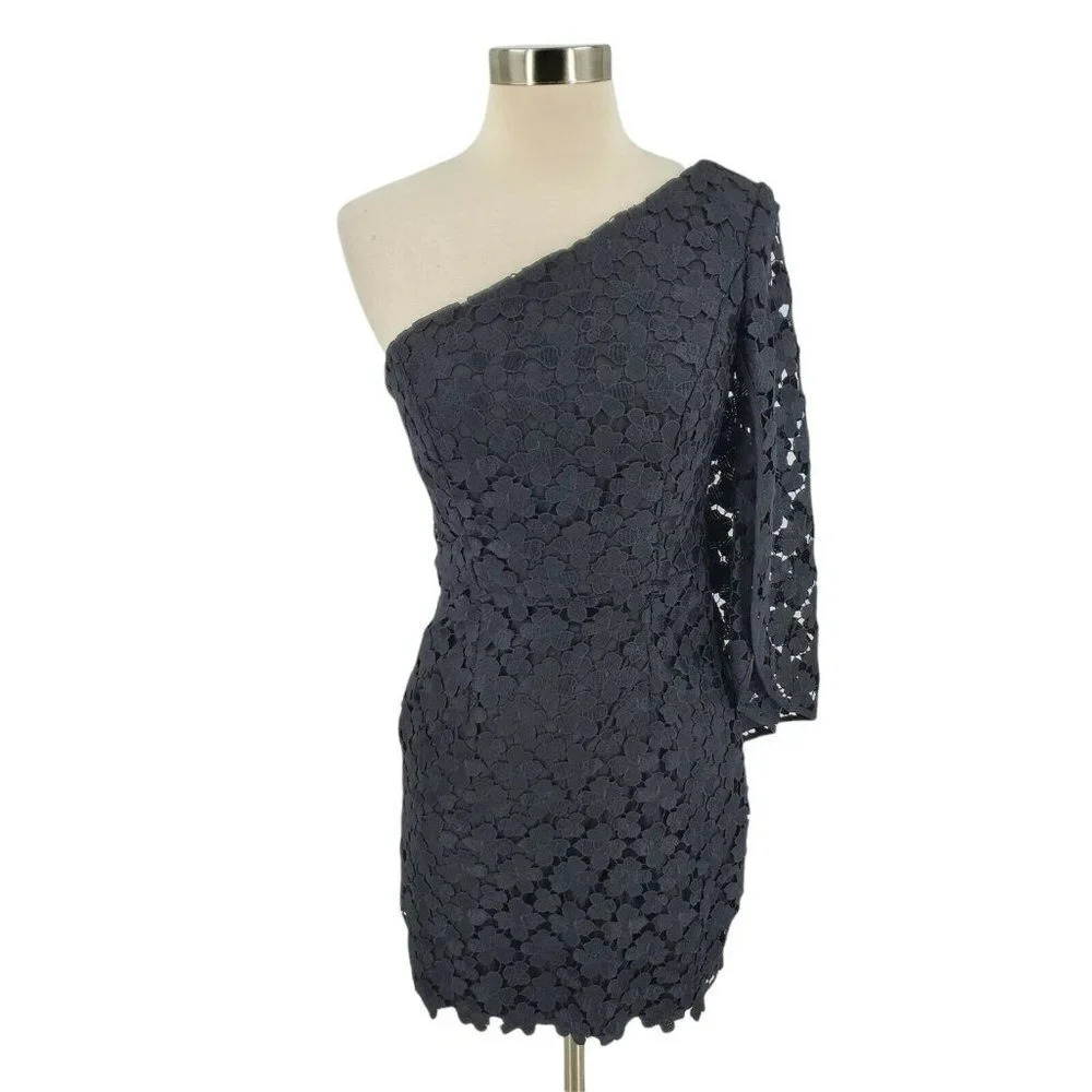 MILLY One Shoulder Floral Lace Overlay Black Mini Dress Women's Size 0